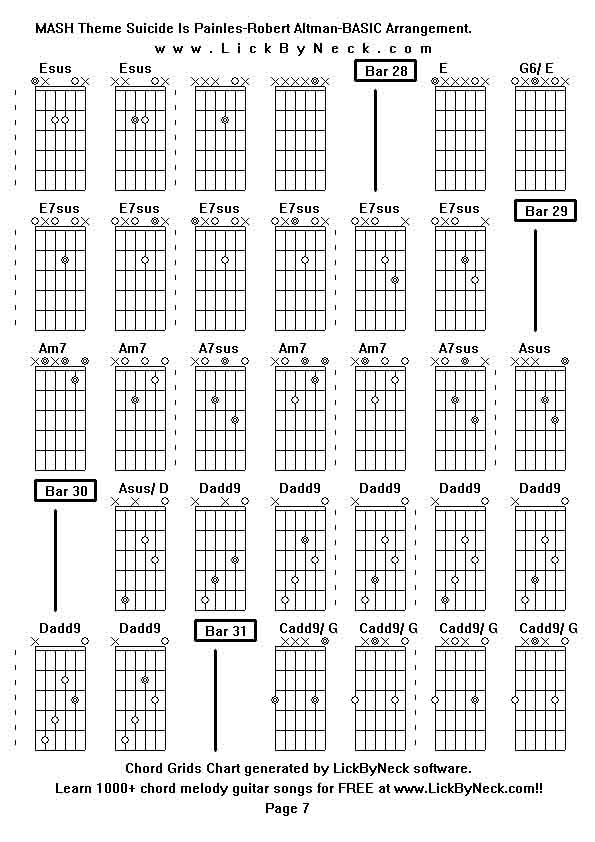 Chord Grids Chart of chord melody fingerstyle guitar song-MASH Theme Suicide Is Painles-Robert Altman-BASIC Arrangement,generated by LickByNeck software.